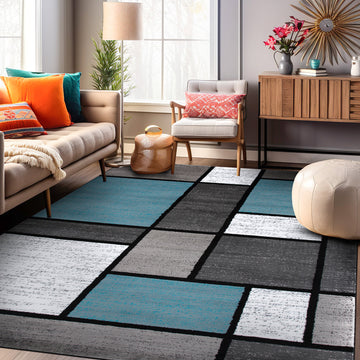 Contemporary Modern Boxed Color Block Blue Gray Area Rug