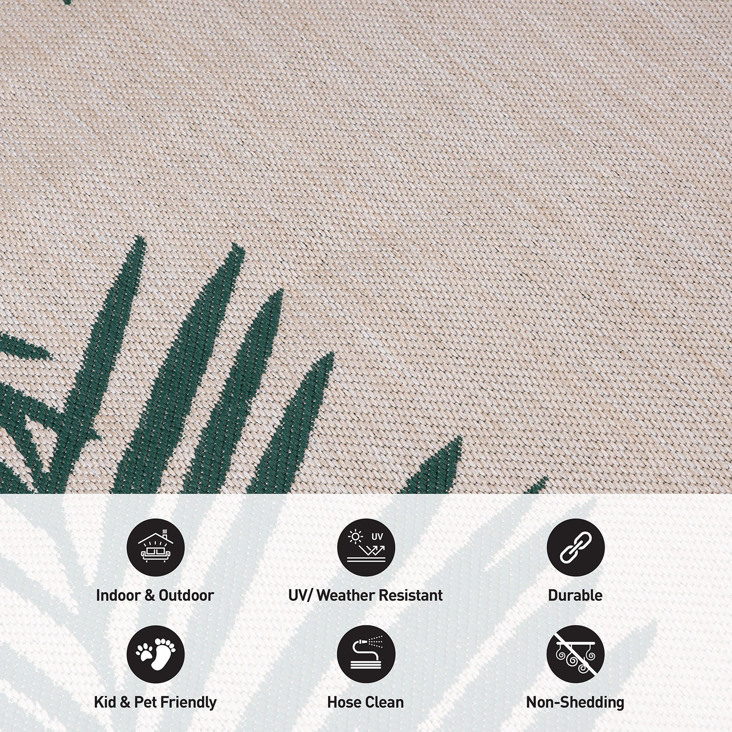 Tropical Floral Palm Leaves Textured Flat Weave Indoor/Outdoor Area Rug