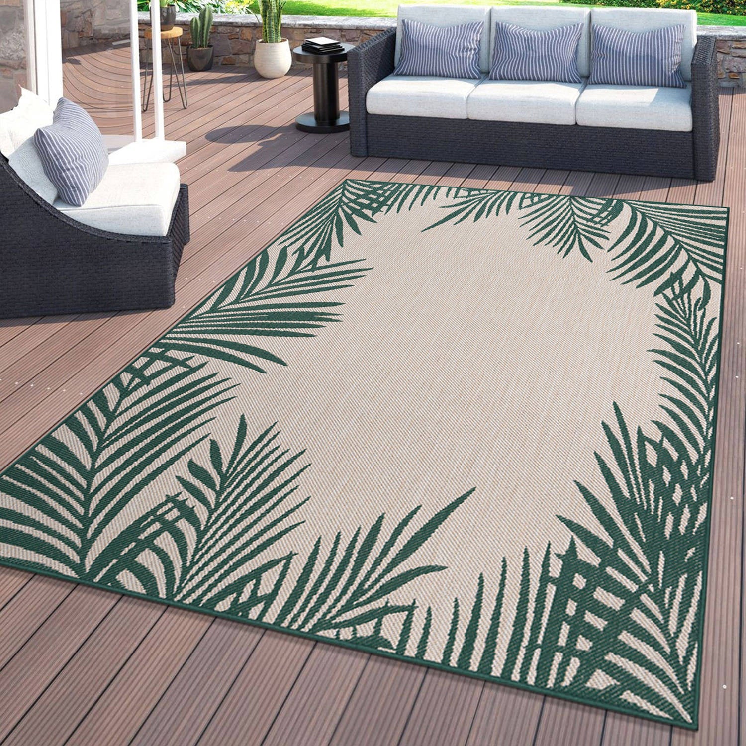 Tropical Floral Palm Leaves Textured Flat Weave Indoor/Outdoor Area Rug