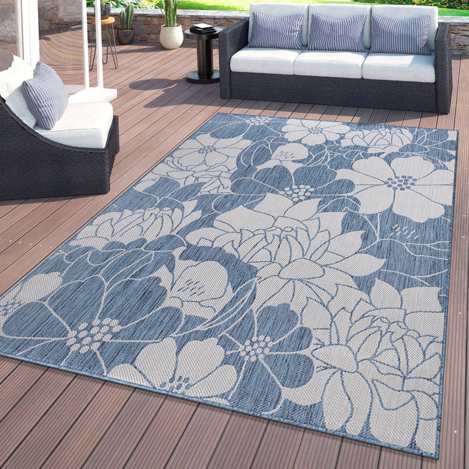 Modern Floral Flowers Textured Flat Weave Indoor/Outdoor Area Rug