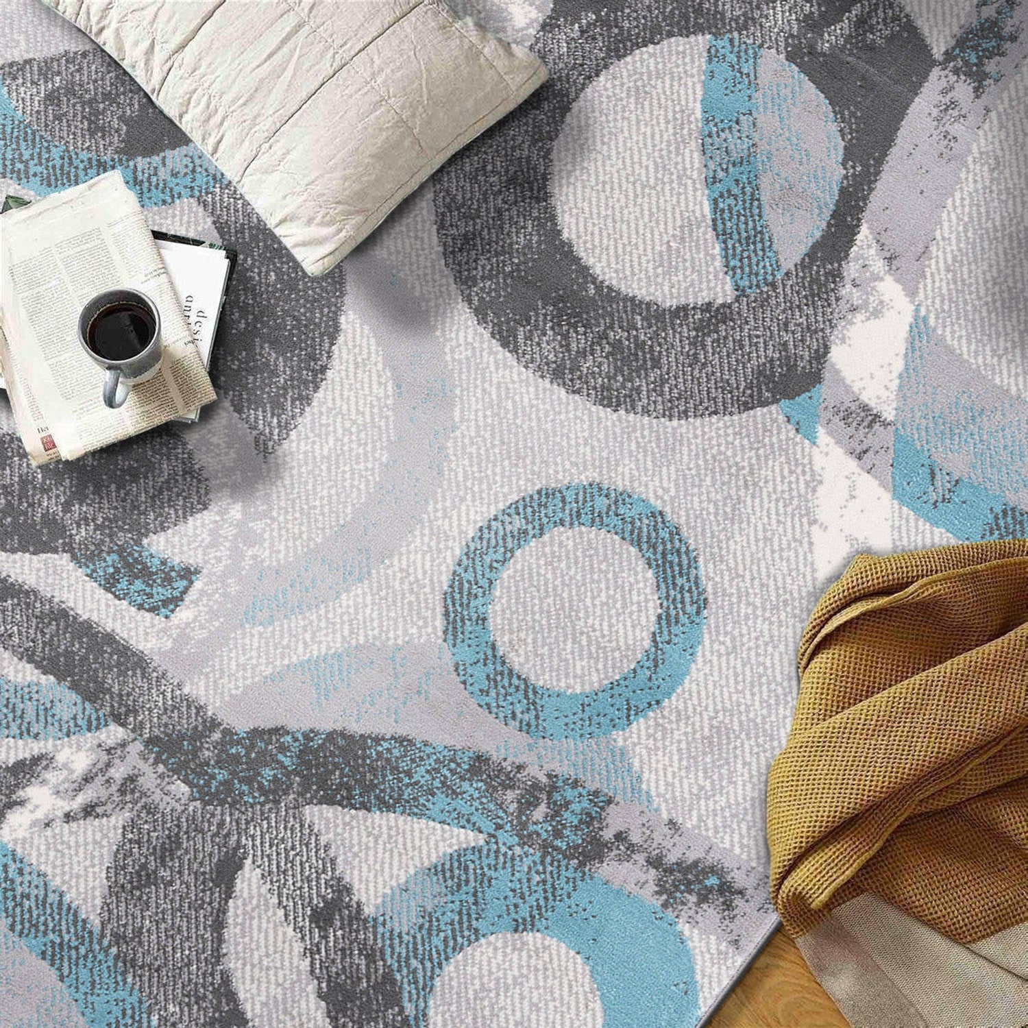 Distressed Modern Circles Stain Resistant Soft Area Rug
