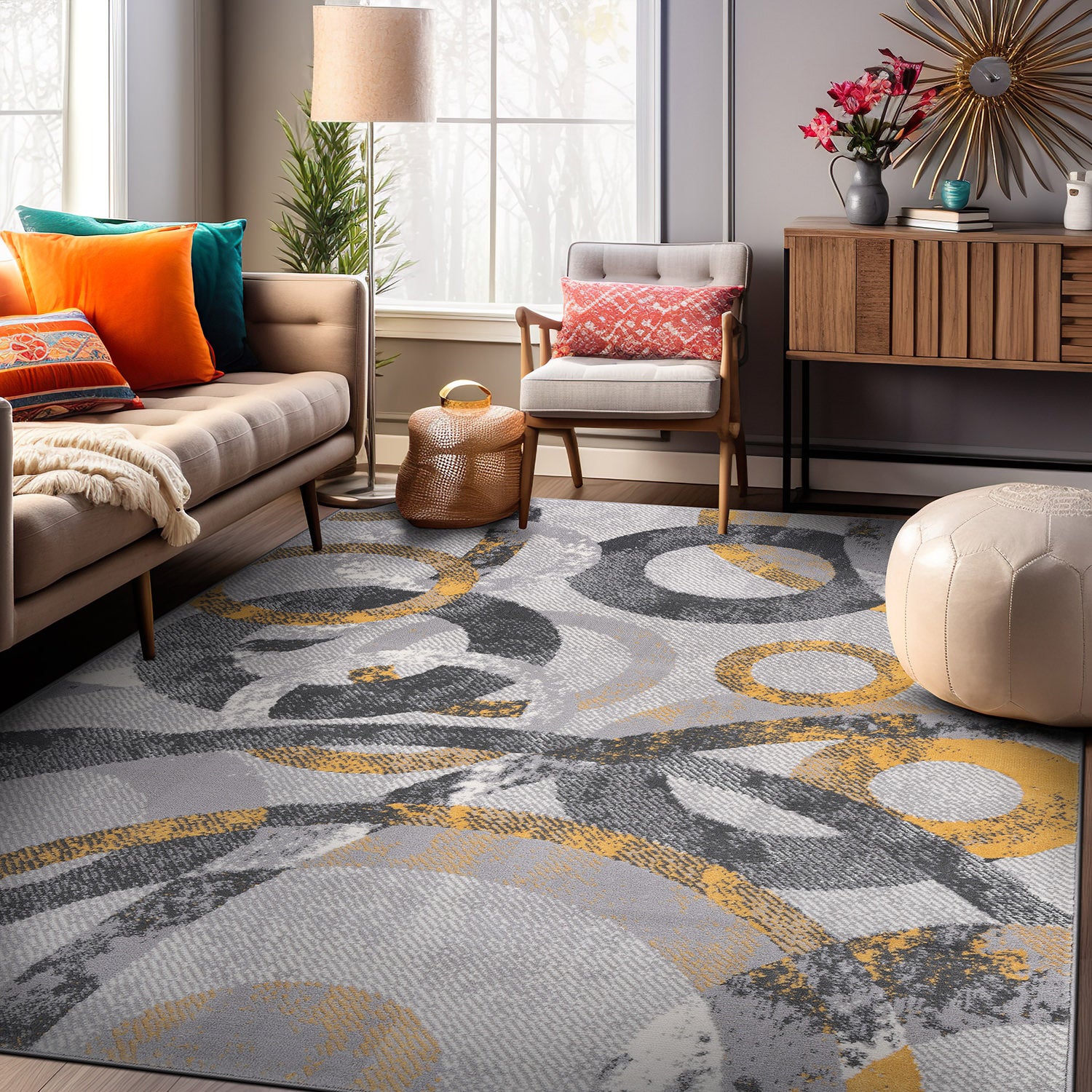 Distressed Modern Circles Stain Resistant Soft Area Rug