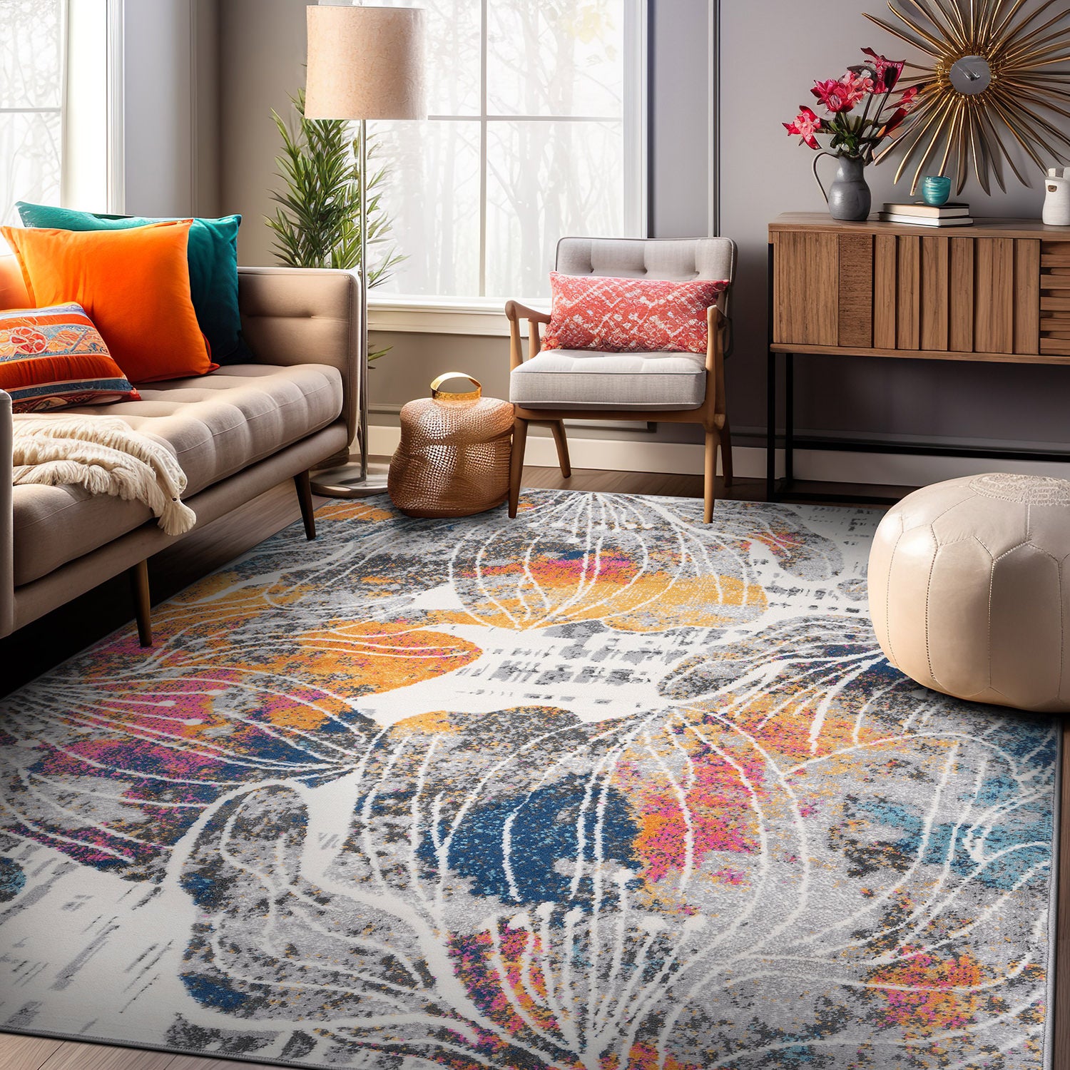 Large Floral Distressed Stain Resistant Soft Area Rug