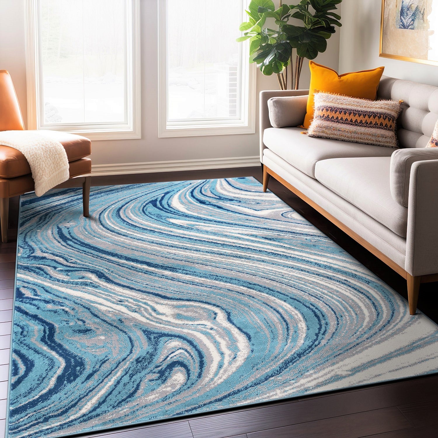 Contemporary Abstract Swirl Stain Resistant Soft Area Rug