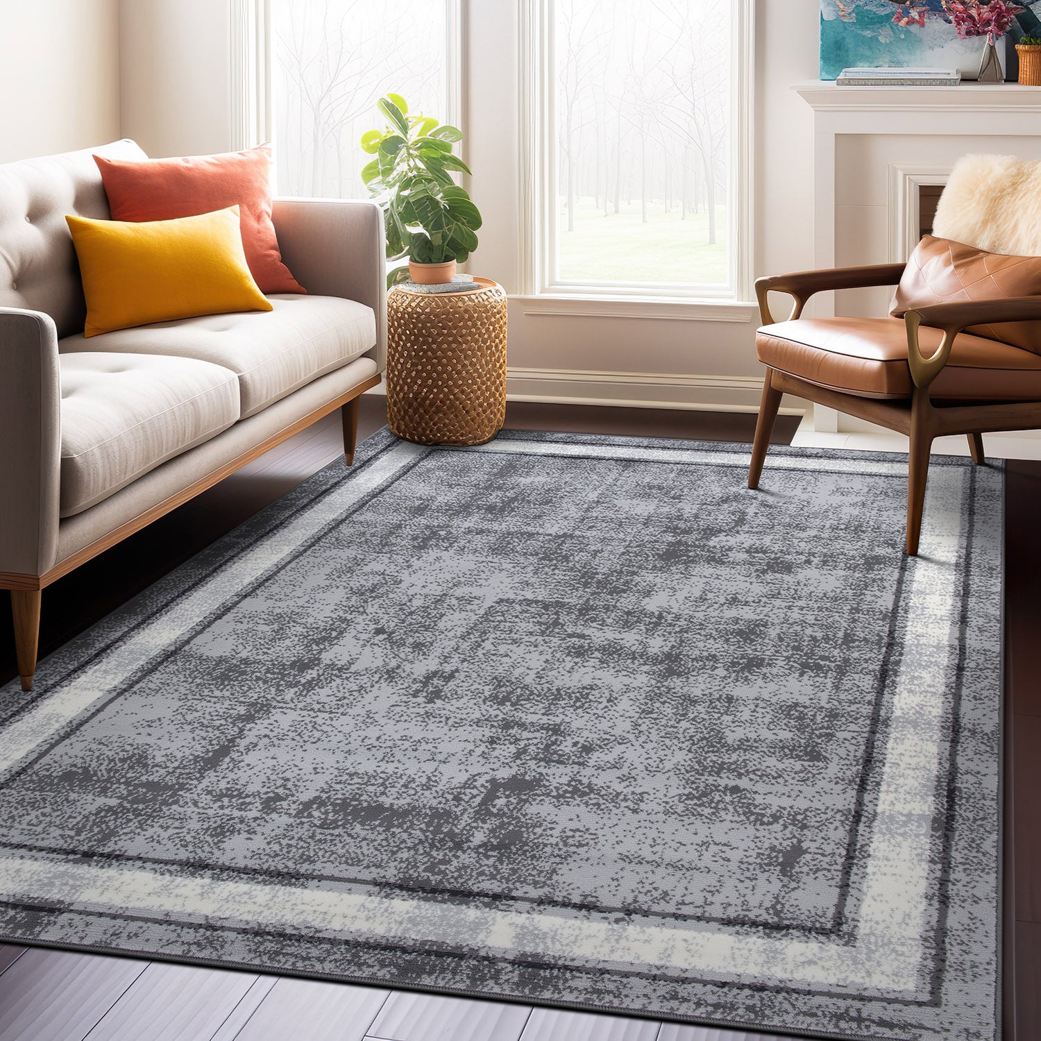 Contemporary Distressed Bordered Area Rug
