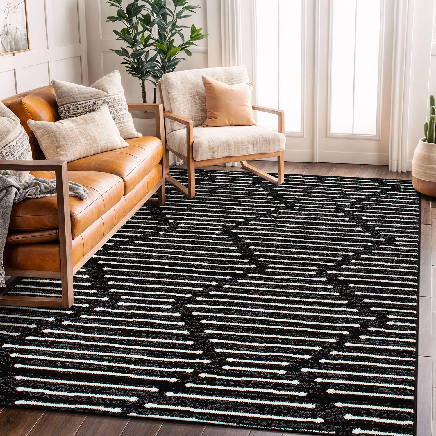 Boho Stripe Design Area Rug - BLACK 5'X7'