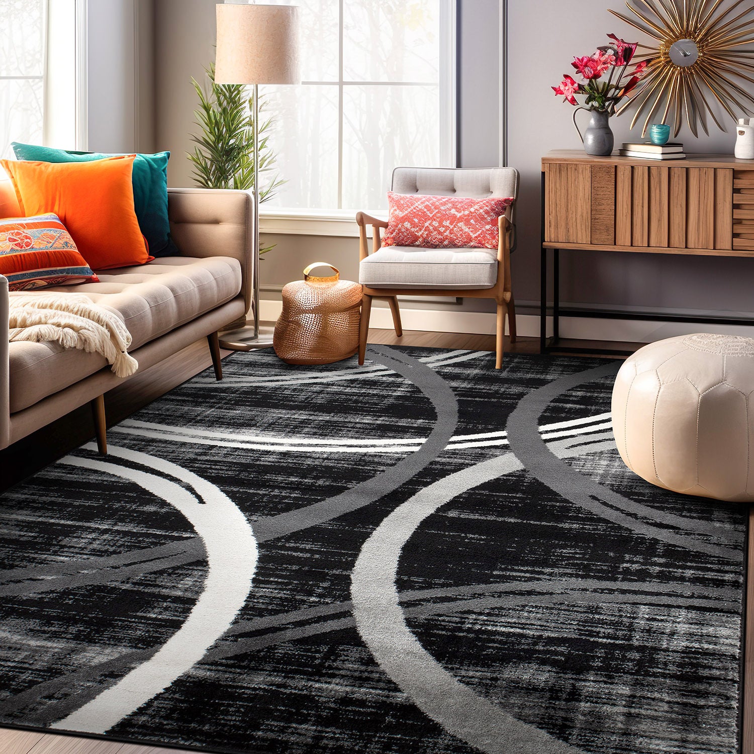 Contemporary Abstract Circles Design Area Rug