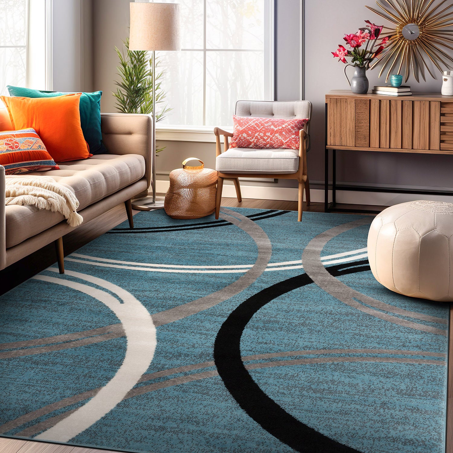 Contemporary Abstract Circles Design Area Rug