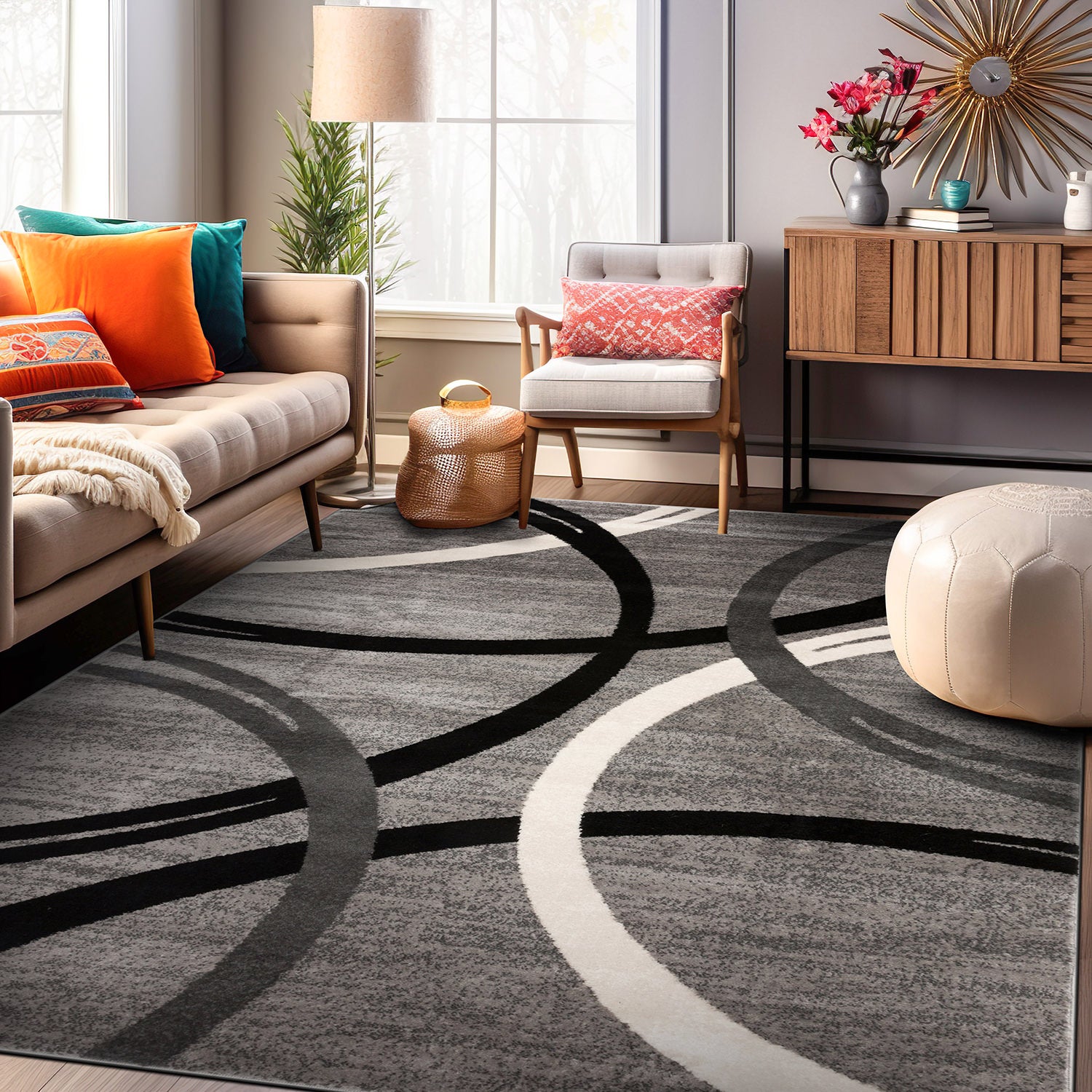Contemporary Abstract Circles Design Area Rug