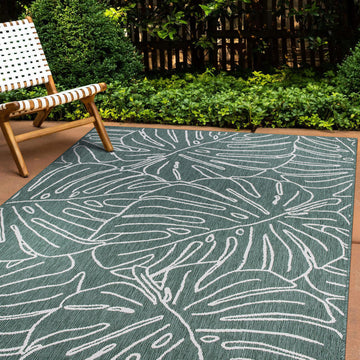 Contemporary Tropical Leaves Weather Resistant Reversible Indoor/Outdoor Area Rug