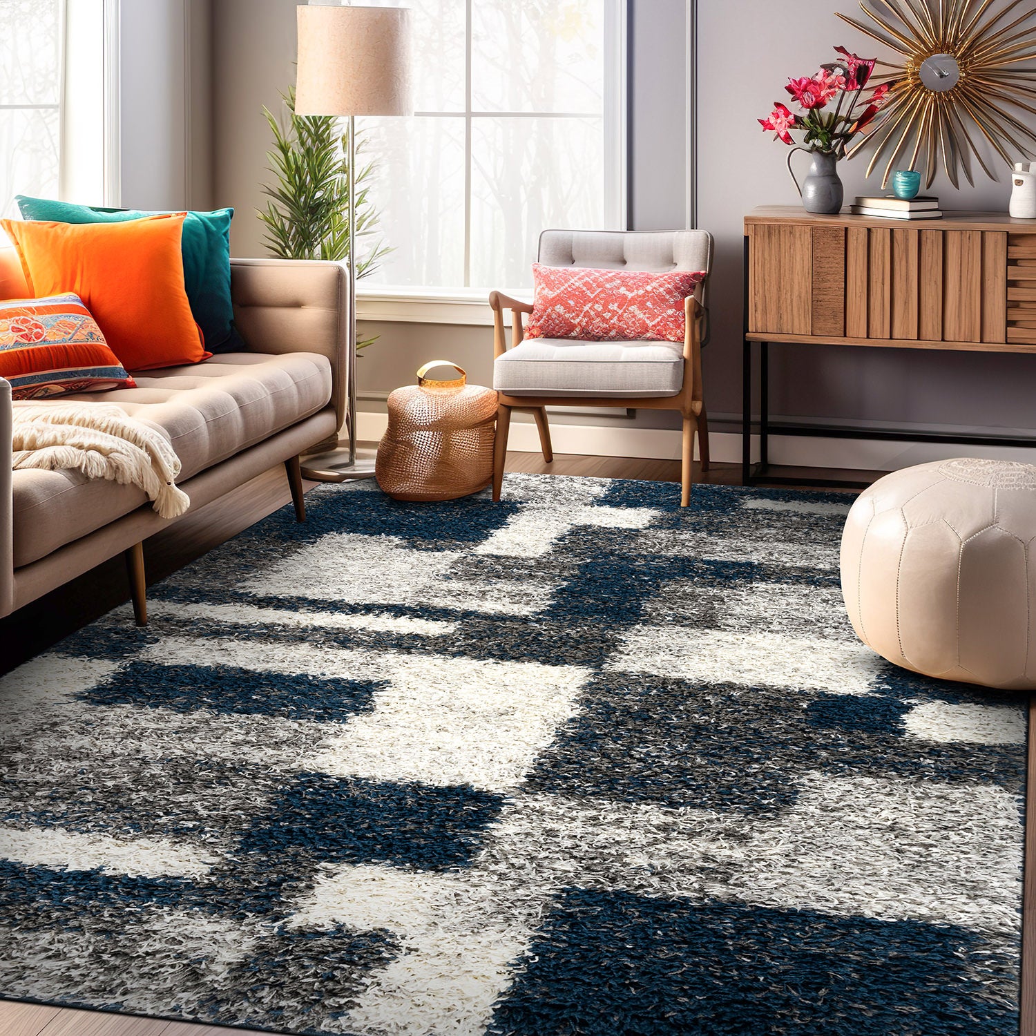 Distressed Modern Boxes Plush Shag Area Rug