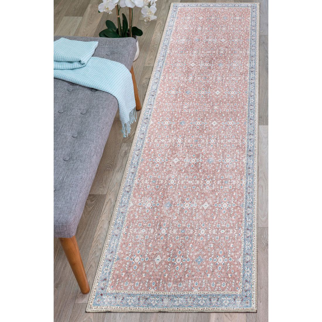 Transitional Bordered Floral Machine Washable Area Rug