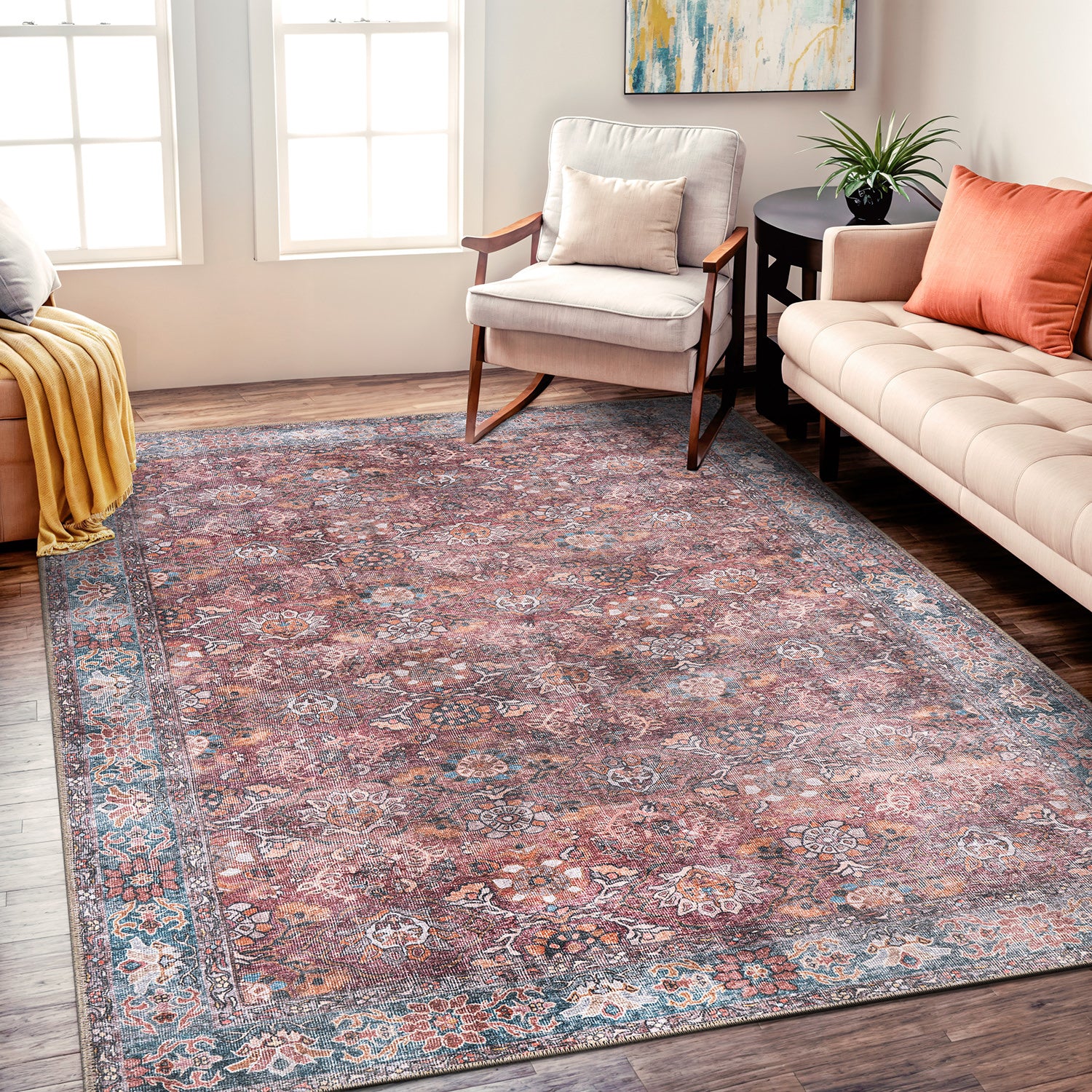 Transitional Bordered Vintage Machine Washable Non Slip Area Rug