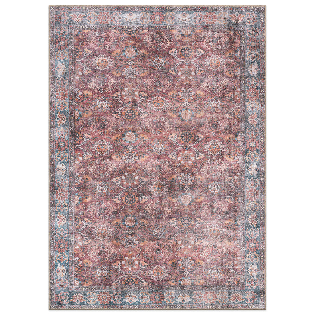 Transitional Bordered Vintage Machine Washable Non Slip Area Rug