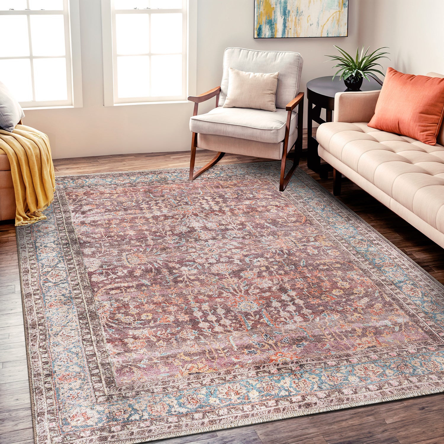 Vintage Distressed Bordered Machine Washable Area Rug