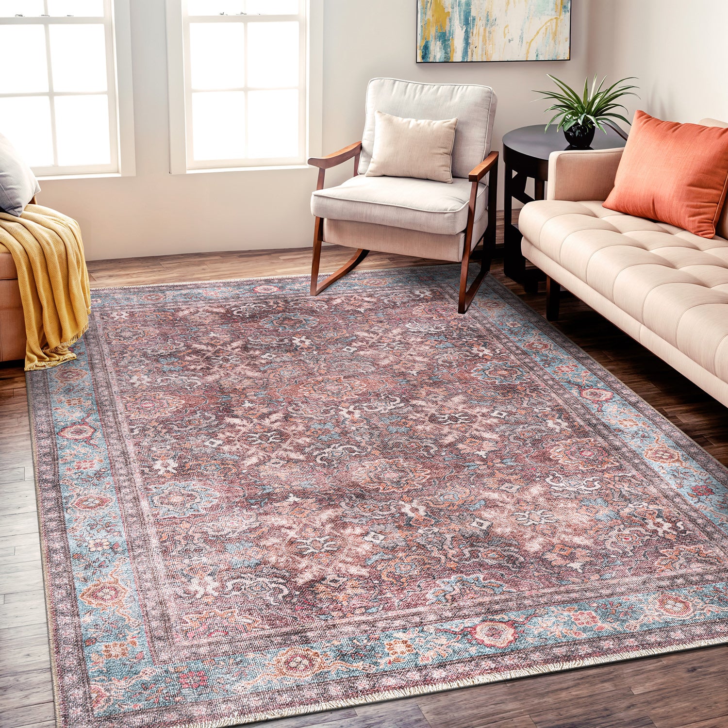 Transitional Distressed Vintage Machine Washable Area Rug