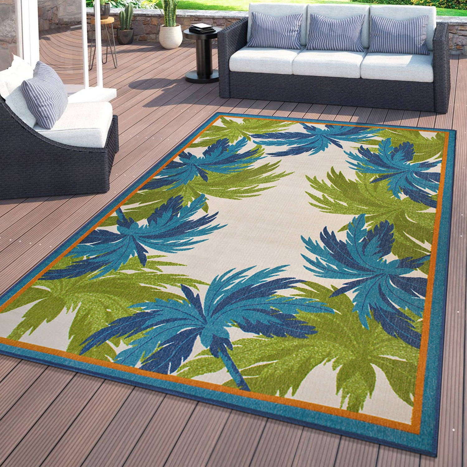 Tropical Floral Border Flatweave Indoor/Outdoor Area Rug