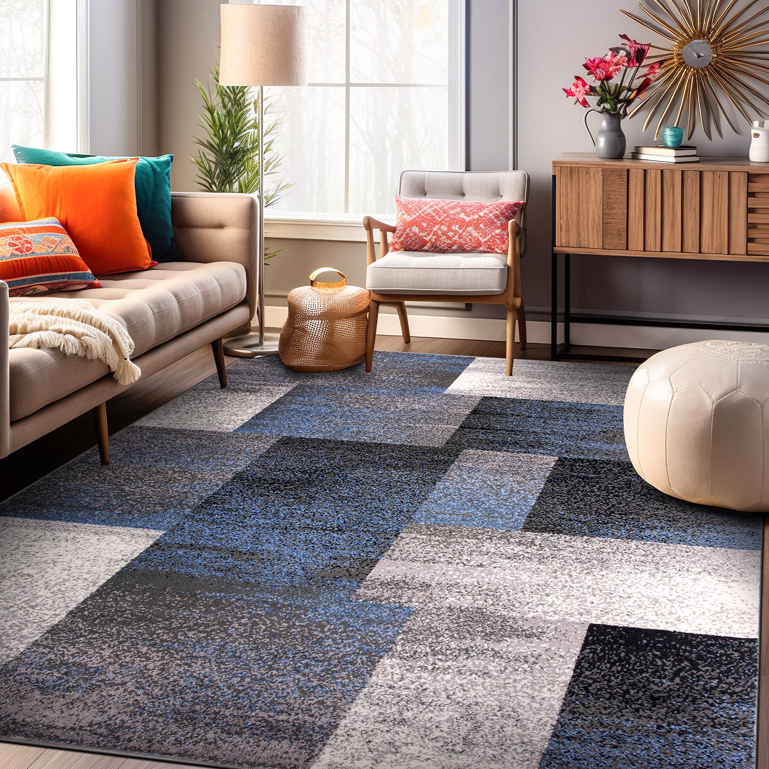 Contemporary Modern Geometric Boxes Area Rug
