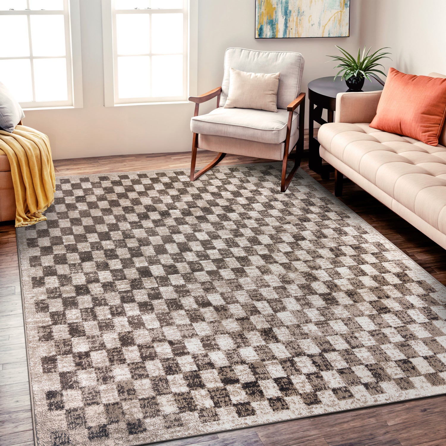 Contemporary Checkered Indoor Area Rug - BLACK 5'x7'