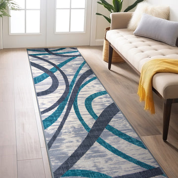 Contemporary Distressed Abstract Lines Non Slip Area Rug - BLUE 2'x7'