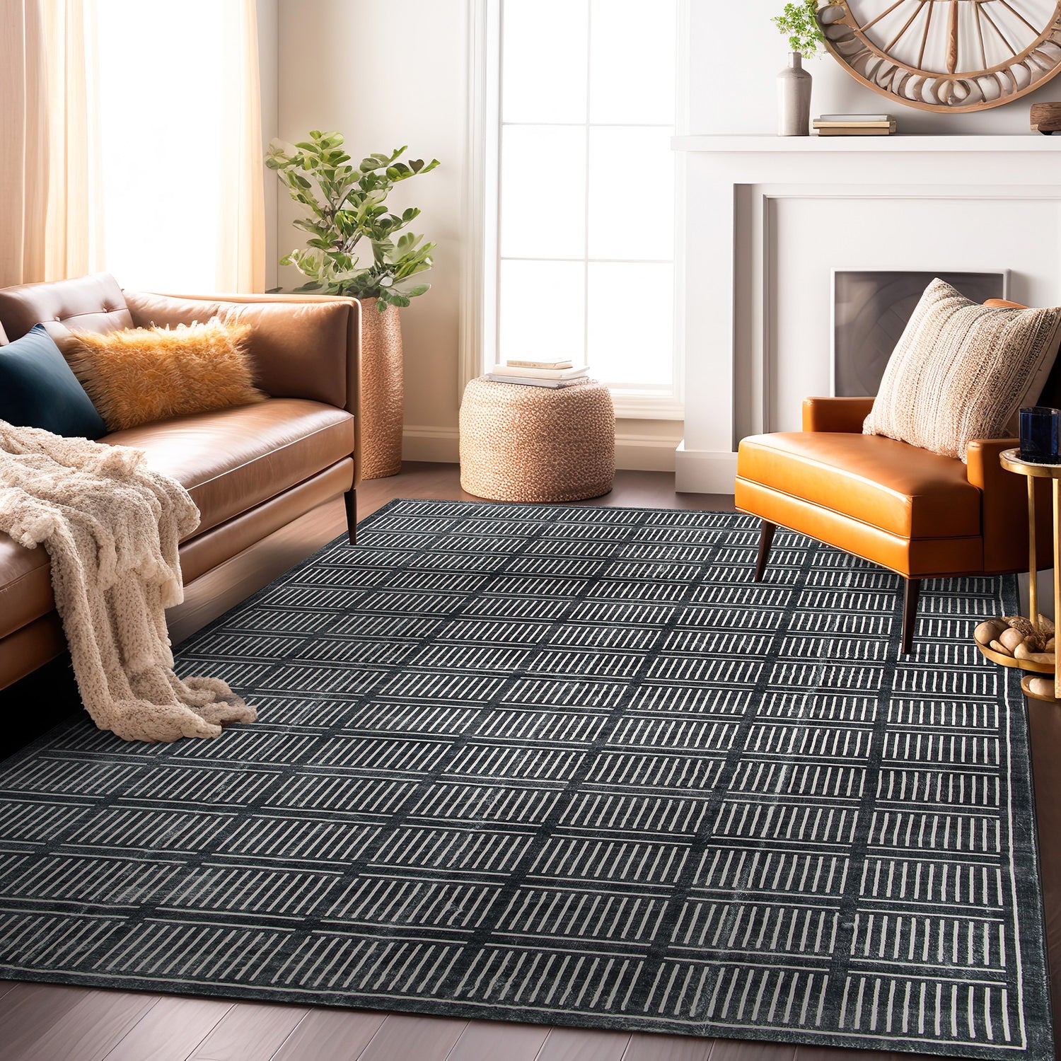 Bohemian Stripe Lines Washable Non Slip Area Rug - BLACK 5'x7'