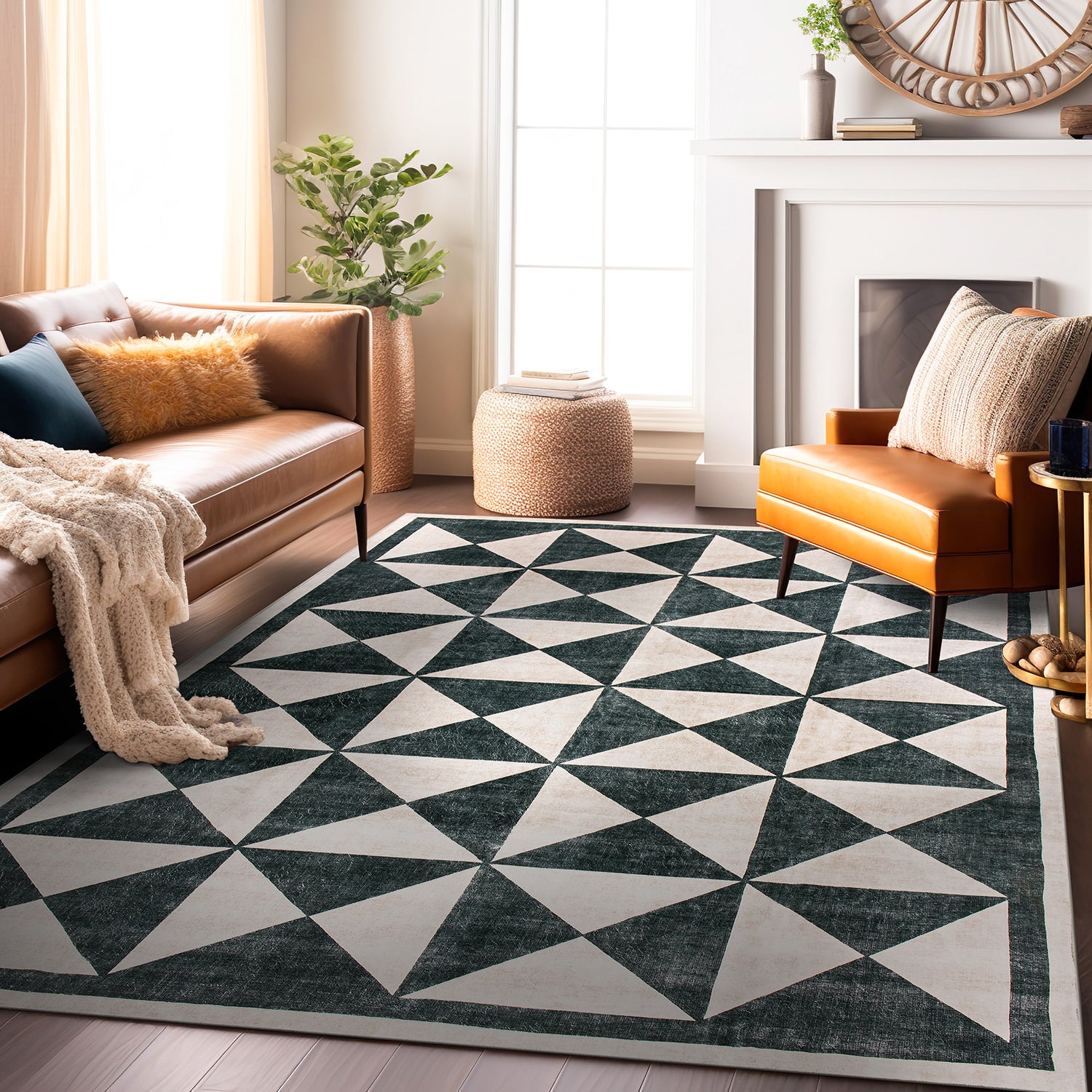 Geometric Diamond Washable Non Slip Area Rug - CREAM 5'x7'